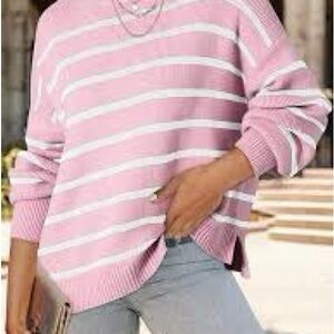 Chic Pink and White Striped Crew Neck Sweater